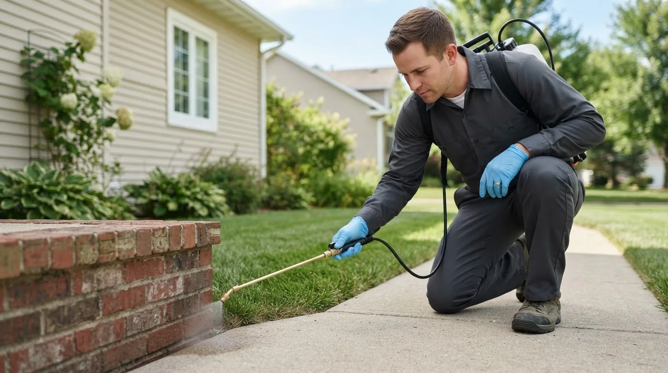Pest control technician treating a home near Benton, IL